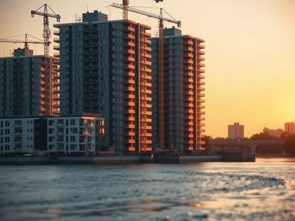 Nowe osiedle mieszkaniowe z dźwigami budowlanymi nad rzeką o zachodzie słońca