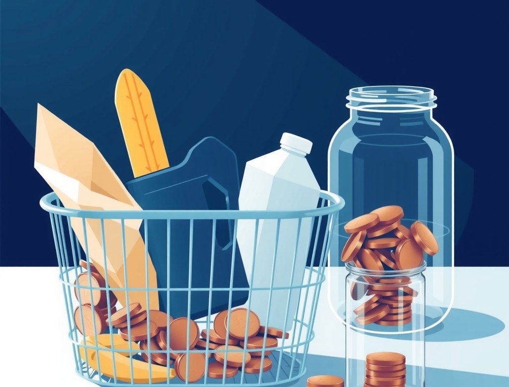 Koszyk zakupowy z produktami i słoik z monetami: ilustracja inflacji i siły nabywczej oszczędności